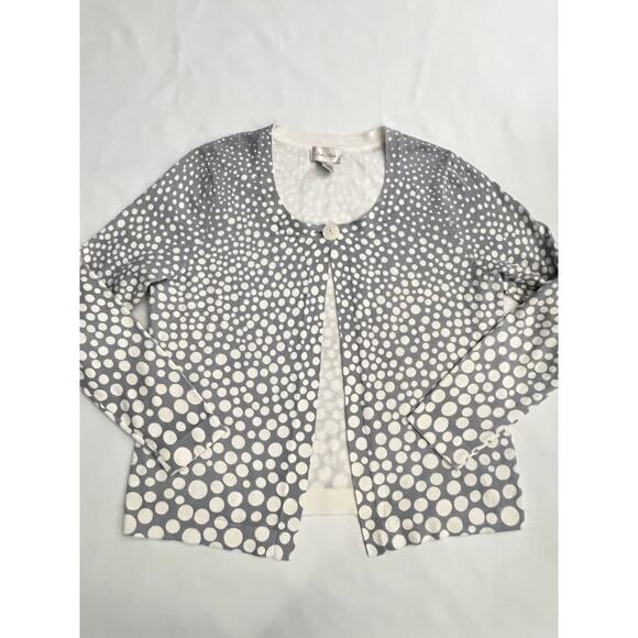 Studio Works Cardigan Sweater Womens L Open Front Cotton Polka Dots Gray White - Picture 1 of 8